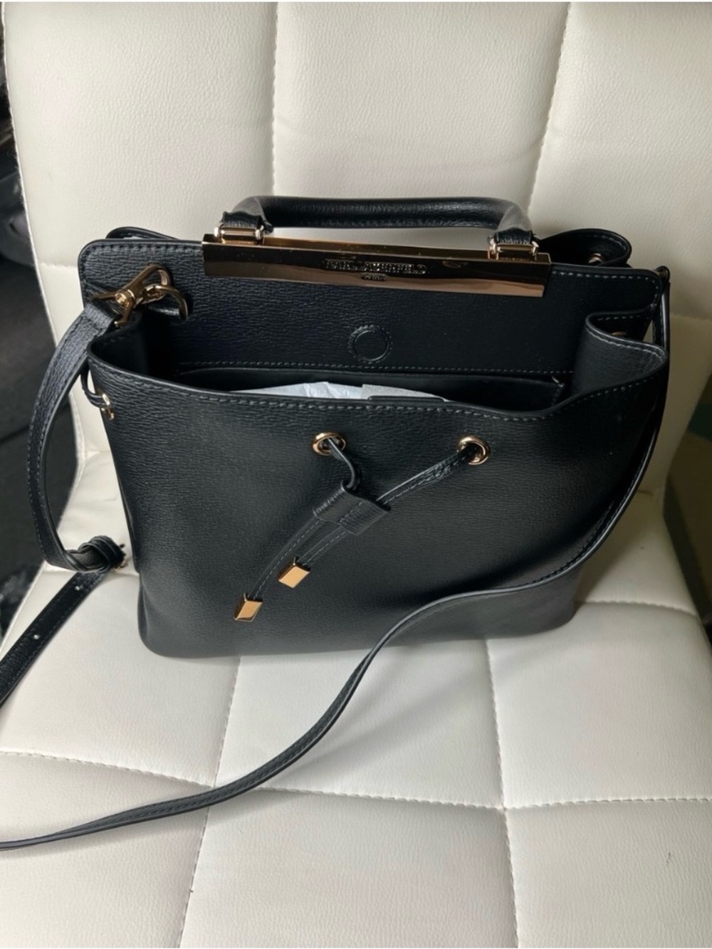 Karl Lagerfeld black leather Drawstring shoulder bag with gold hardware